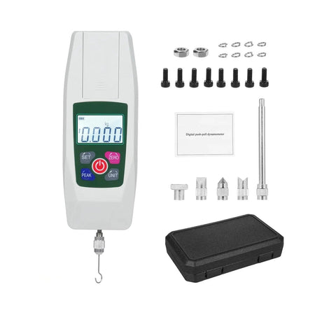 Push And Pull Tester Meter Mini Dynamometer With 4 Measurement Units Backlit Display Buzzer Alarm For Compression And Tension Acceleration Setting For Precision Upper And Lower Limit Alerts KF50, white handheld kit
