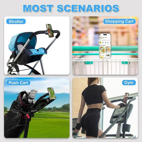 Rock Solid Magnetic Golf Push Cart Phone Holder With Heavy Duty Nailed Down N52 Mount And Sweet 360 Rotate Gps Clamp For Rough Cart Paths And Every Magsafe Phone on a golf push cart with golf clubs.