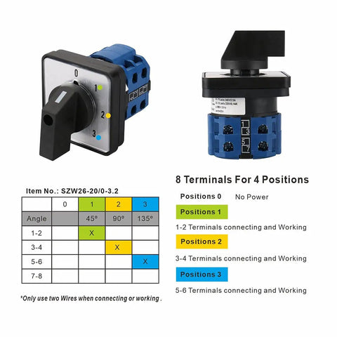 Beefy Rotary Cam Changeover Switch 20A 660V Four Position Selector Switch with eight terminals, showing positions and connections.