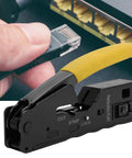 3 In 1 Network Wire Crimping Tool With Cutter And Stripper Adjustable Crimp Modes For CAT5 CAT6 CAT7 Ethernet And 8P8C 6P6C Crystal Head Plier With Non Slip PVC Handle Yellow in use