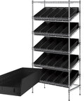 Heavy Duty Wire Shelving Rack With Twenty Five Slanted Bins, black steel frame, organized storage in workshop or garage.
