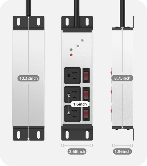 Beefy 3 Outlet Surge Protector With Twelve Gauge Cord And Six Foot Length Individual Switches Grounding Protection 20 Amp Circuit Breakers NEMA 5-15P Plug brushed silver, 10.32in tall