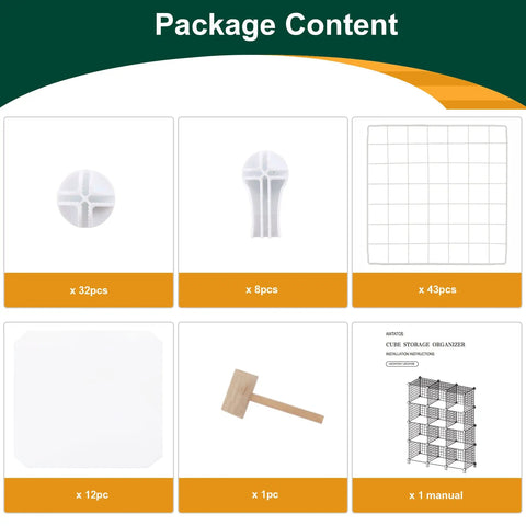 Package contents for Wire Cube Storage Organizer With 12 Metal Cubes Bookshelf And Closet Storage Unit Portable Shelving