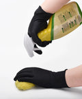 Schneider nitrile exam gloves, black, latex-free, powder-free (large); cleaning with yellow dish soap bottle and sponge