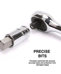 Thirteen Piece Metric Hex Bit Socket Set With One Quarter, Three Eighths, One Half Inch Drives From Two To Fourteen Millimeter, S2 Alloy Steel Hex Bits And Cr V Sockets For Tough Torque, showing close-up of precise machined bit and socket.