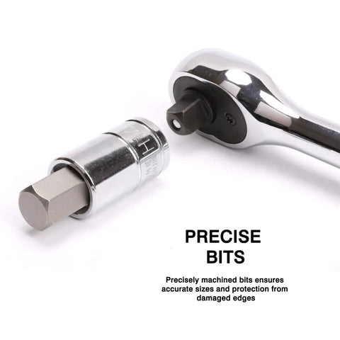 Thirteen Piece Metric Hex Bit Socket Set With One Quarter, Three Eighths, One Half Inch Drives From Two To Fourteen Millimeter, S2 Alloy Steel Hex Bits And Cr V Sockets For Tough Torque, showing close-up of precise machined bit and socket.