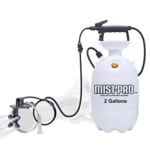 Backpack fogger kit converting leaf blower into a two-gallon mosquito mister, labeled 'MIST-PRO' on white tank.
