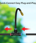 Quick-connect adapter of 100 Ft One Quarter Inch Drip Irrigation System Kit With 16 Adjustable Copper Nozzles shown against greenery