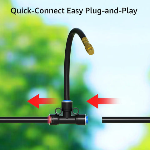 Quick-connect adapter of 100 Ft One Quarter Inch Drip Irrigation System Kit With 16 Adjustable Copper Nozzles shown against greenery