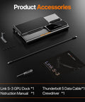 Upgrade Your Daily Driver Into A Total Beast With This Slick Egpu Dock Featuring Dual Thunderbolt 5 Ports, Native PCIe 4.0 X4 Expansion, Robust 140W PD Power Delivery, And Insanely Quick SD 4.0 Card Access. GPU dock accessories including data cable and manual.