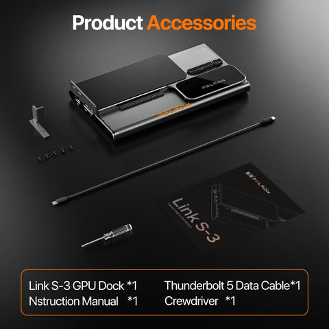 Upgrade Your Daily Driver Into A Total Beast With This Slick Egpu Dock Featuring Dual Thunderbolt 5 Ports, Native PCIe 4.0 X4 Expansion, Robust 140W PD Power Delivery, And Insanely Quick SD 4.0 Card Access. GPU dock accessories including data cable and manual.