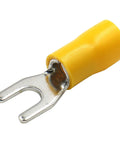 Close-up of yellow Insulated Fork Spade Wire Connector, 12-10 AWG, copper terminals, SV5.5, for heavy duty electrical crimp.