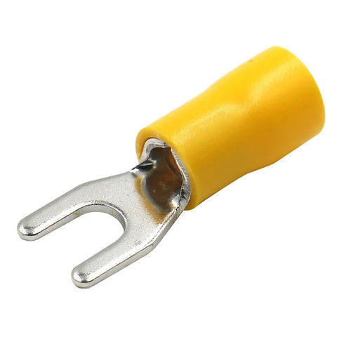 Close-up of yellow Insulated Fork Spade Wire Connector, 12-10 AWG, copper terminals, SV5.5, for heavy duty electrical crimp.