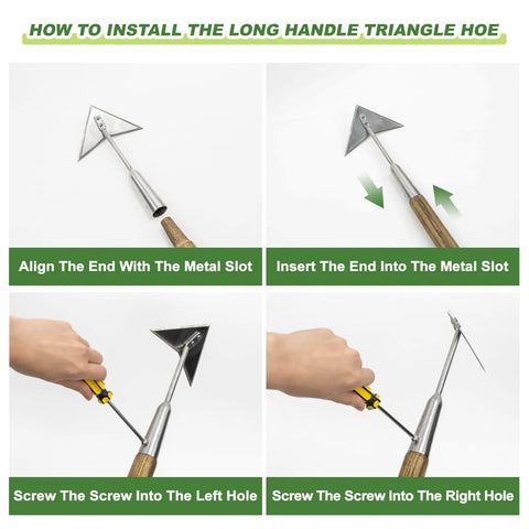 Assembly guide for 60 Inch Triangle Garden Hoe With Long Handle For No Bend Weeding Push Pull Motion That Zaps Weeds Fast
