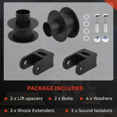 Front Leveling Kit For 2005 To 2024 Ford F250 And F350 Super Duty 4WD Trucks with lift spacers and shock extenders.
