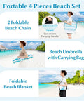 Blue Four Piece Beach Set With Sun Proof Umbrella Two Folding Chairs Waterproof Blanket Portable Kit for travel camping