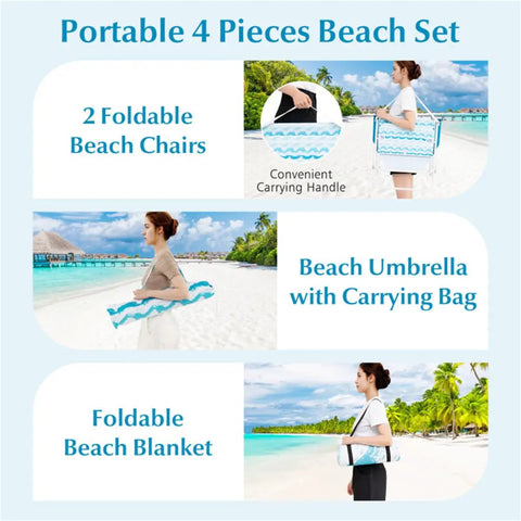 Blue Four Piece Beach Set With Sun Proof Umbrella Two Folding Chairs Waterproof Blanket Portable Kit for travel camping