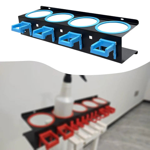 Badass Cold Rolled Steel Wall Mounted Spray Bottle Holder Locks Down Four Cans For Detailing with blue hooks and jars.