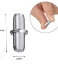 Slick Nickel Plated 5mm Shelf Pegs 50 Pack, 16mm long support pin for cabinets, showcasing size and grip feature.