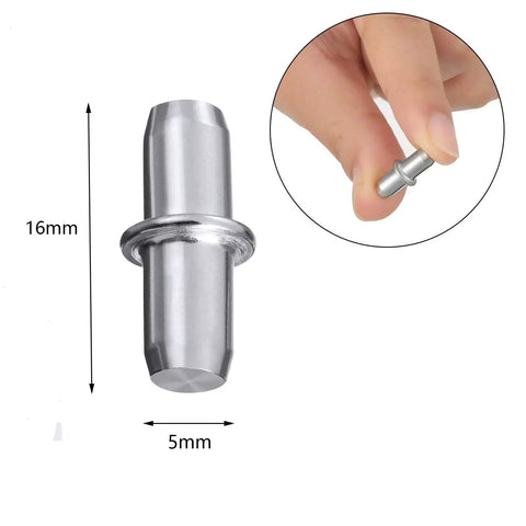 Slick Nickel Plated 5mm Shelf Pegs 50 Pack, 16mm long support pin for cabinets, showcasing size and grip feature.