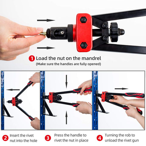 Using 14 Inch Hand Rivet Nut Tool Set With 7 Interchangeable Mandrels to load nuts and secure metal for DIY projects