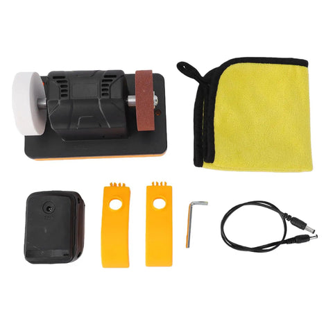 Pissente 18V Cordless Mini Bench Grinder With Adjustable Speed Range From Two Thousand To Six Thousand RPM And Portable Design components including grinder, battery, tools and cleaning cloth.