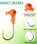 Orange jig head with 3D eye detail from 75 Piece Jig Head Hook Set With Assorted Round Jig Heads For Bass Crappie Trout Walleye Saltwater