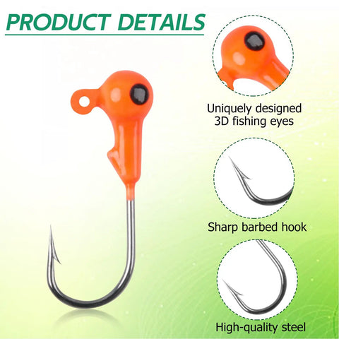 Orange jig head with 3D eye detail from 75 Piece Jig Head Hook Set With Assorted Round Jig Heads For Bass Crappie Trout Walleye Saltwater