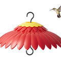 Hummingbird Weather Dome Rain Cover With Built In Moat, red flower-shaped, for 11 inch feeders, with a hummingbird, protects from rain and sun.
