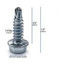 25 Pack One Quarter Inch By Three Quarter Inch Self Drilling Tek Screws With Serrated Hex Washer Head, Zinc Plated Metal