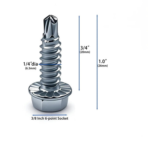 25 Pack One Quarter Inch By Three Quarter Inch Self Drilling Tek Screws With Serrated Hex Washer Head, Zinc Plated Metal