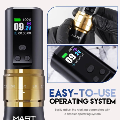 Fold2 Pro Tattoo Gun Kit Complete Tattoo Machine with 2000mAh Battery Mcore C1 Motor Gold Color 7 Stroke Options 140mm Length 250g Weight 40 44mm Grip Pro Level Tattooing for Serious Artists, gold cordless machine with digital display