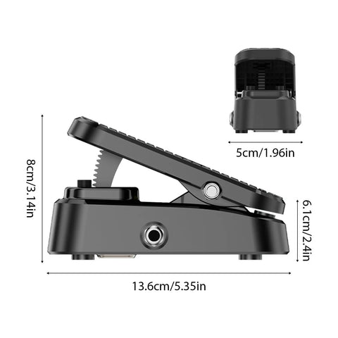 Volume Expression Pedal 2 In 1 For Guitar Bass And Synth, Silent Buffer, Durable Metal Chassis, side and rear view with dimensions