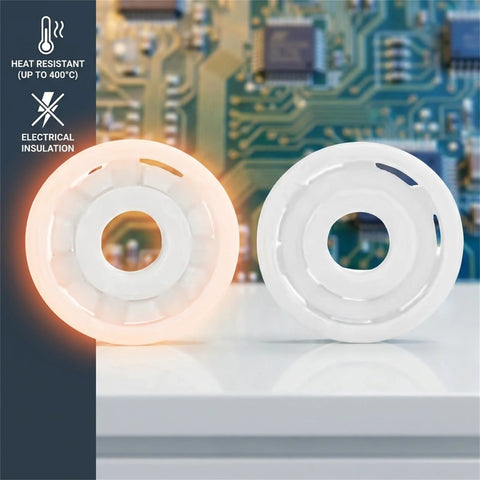Two white 608 zirconia full-ceramic ball bearings (ZrO2) shown from the front
