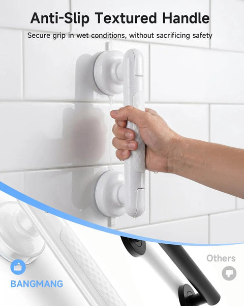 Close-up of upgraded suction shower handle showcasing anti-slip textured grip, white color, installed securely on tile.