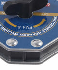 Close-up of Switchable Hex Magnetic Welding Locator With One-Button Degaussing showing control knob and angle markings.