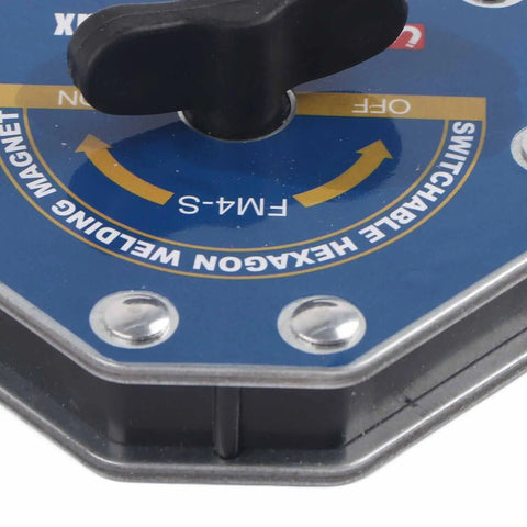 Close-up of Switchable Hex Magnetic Welding Locator With One-Button Degaussing showing control knob and angle markings.