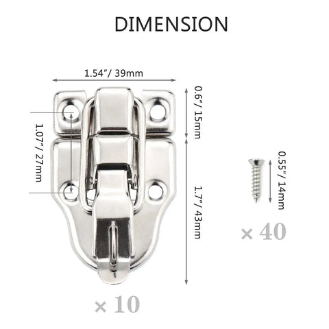 10 Pack Metal Duck Billed Box Hasp Lock Toggle Latch Catch Built Tough In Antique Silver Finish With Mounting Screws dimensions shown.