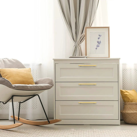 Square Brushed Gold Cabinet Pulls 8 Inch Rock Solid Stainless Steel Drawer Knobs on a modern grey dresser in a bright room.
