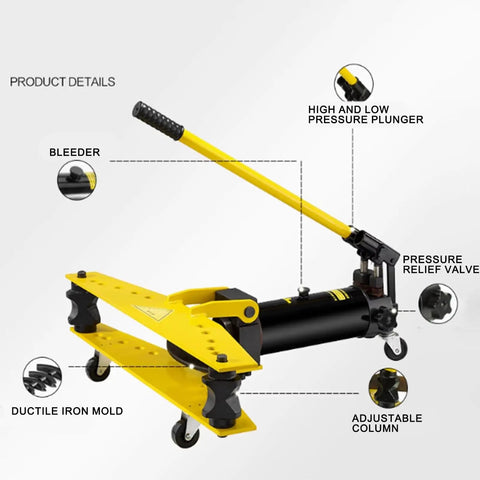 Heavy Duty Manual Hydraulic Pipe Bender With Six Tough Ductile Iron Molds For Rock Solid Tubing Fabrication And No Sweat Professional Construction Work close-up view of tool features.