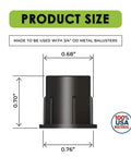 Size diagram of black polypropylene baluster connector, 0.70 in height, for 3/4 inch metal balusters, showing UV protected design.
