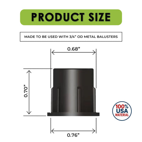 Size diagram of black polypropylene baluster connector, 0.70 in height, for 3/4 inch metal balusters, showing UV protected design.