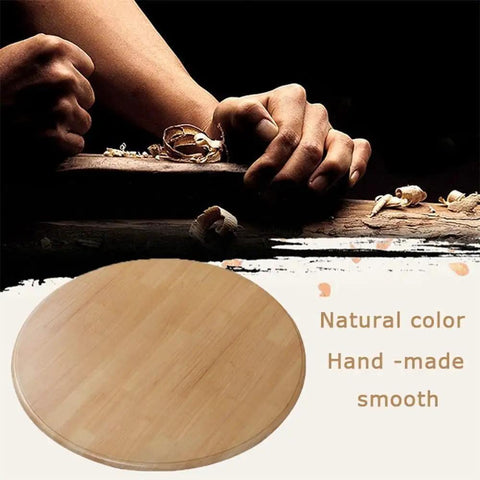 Hands crafting a 40 Inch Teak Lazy Susan Turntable For Dining Table Rotating Serving Tray Round Countertop Organizer