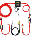 Split Charge Relay Kit For 12V Systems, Auto Dual Battery Isolator With 140 Amp VSR, 6m cable and components displayed