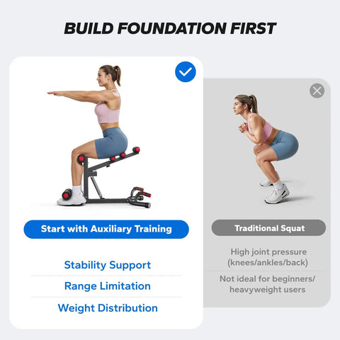 Adjustable Blue Steel Squat Assist Frame For Glute And Quad Growth Heavy Duty, showing woman demonstrating squat form.