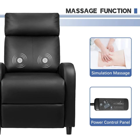 Massage Recliner Chair For Your Living Room Adjustable PU Leather With Footrest Ergonomic Home Theater Seating For Adults Black Leather With Built In Massage Function For Full Back And Leg Relaxation, showing massage feature and control panel