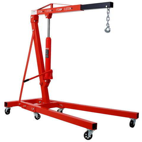 Eight Ton Folding Engine Hoist Cherry Picker Crane with six swivel roller casters, featuring a red hydraulic design for heavy lifting.