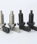 Heavy Duty L Handle Indexing Plunger With Fine Thread M12 Lock Nut And Spring Loaded Thumb Screw For Zero Slack Jigs Cnc Machines And Shop Fixtures Black, four indexing plungers in various colors.
