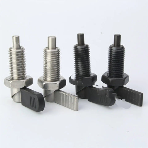 Heavy Duty L Handle Indexing Plunger With Fine Thread M12 Lock Nut And Spring Loaded Thumb Screw For Zero Slack Jigs Cnc Machines And Shop Fixtures Black, four indexing plungers in various colors.