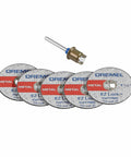 Front view: Five Dremel EZ Lock metal cutoff wheels (1-1/2 in) with EZ402 mandrel included